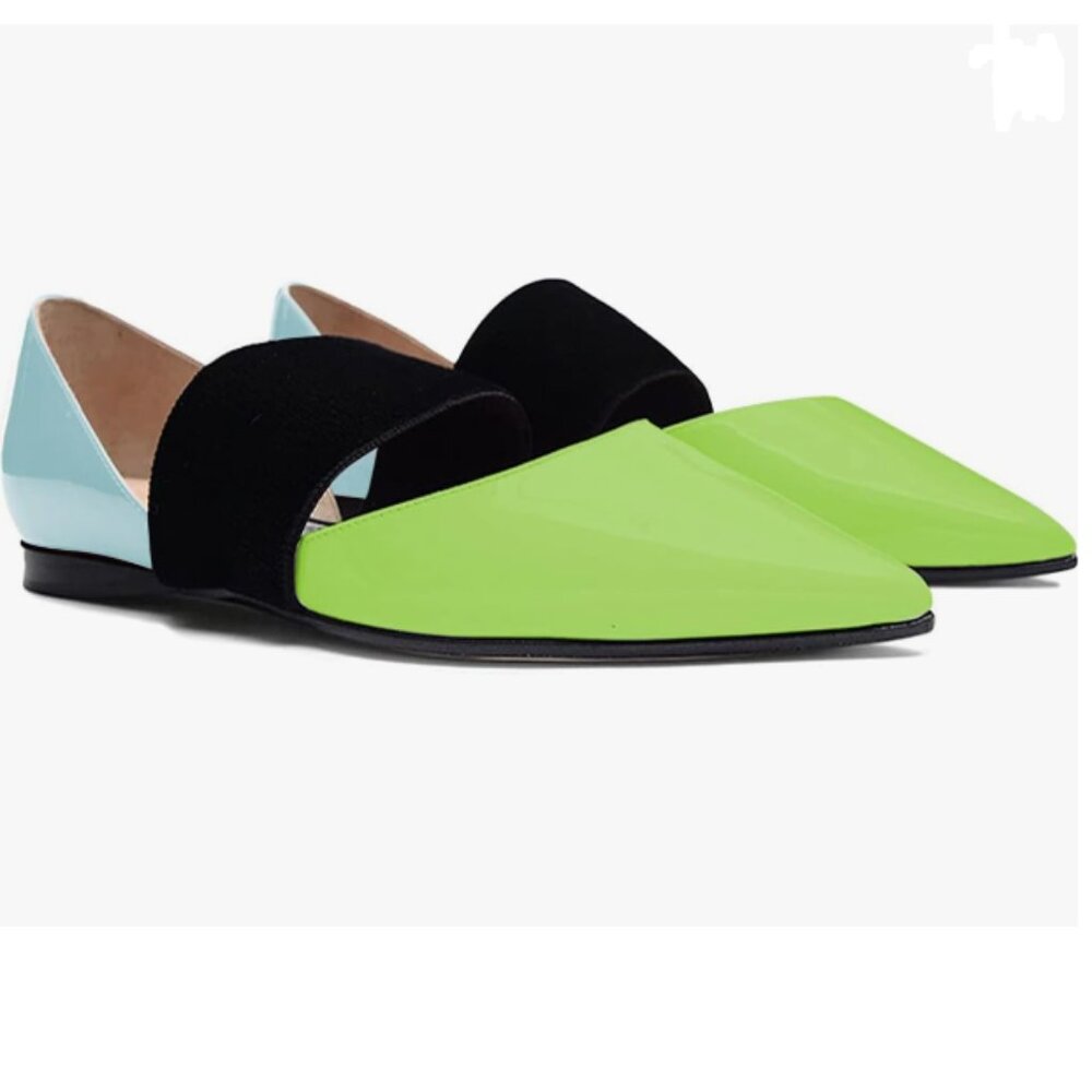 FOWT Green Blue Pointed Toe D'Orsay Slip On Ballet Flat with A Band Shoes